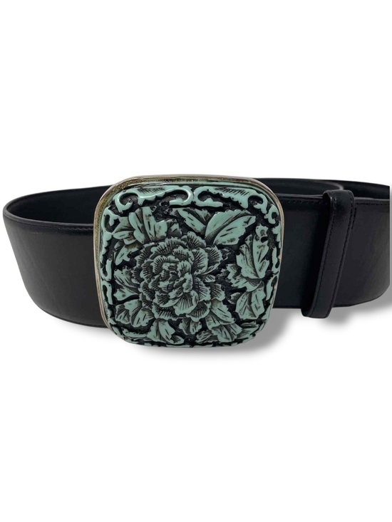 Giorgio Armani Black Leather Belt Turquoise Floral Buckle Set In Silver main image 4